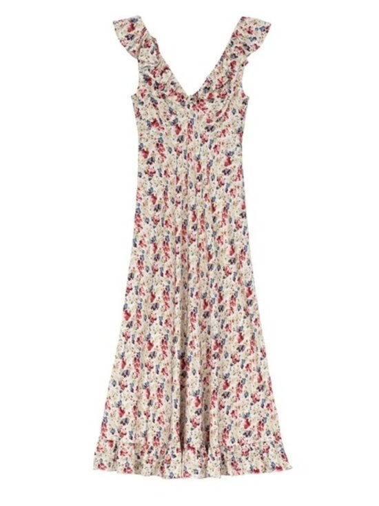 Doen Arleen Silk Ruffle Floral V Neck Slip Midi Maxi Dress Wildflower Thicket - Picture 11 of 12